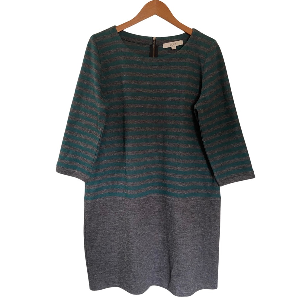 Loft Ann Taylor3/4 Sleeve Striped Sheath Sweater Dress Dark Gray Green Women’s L